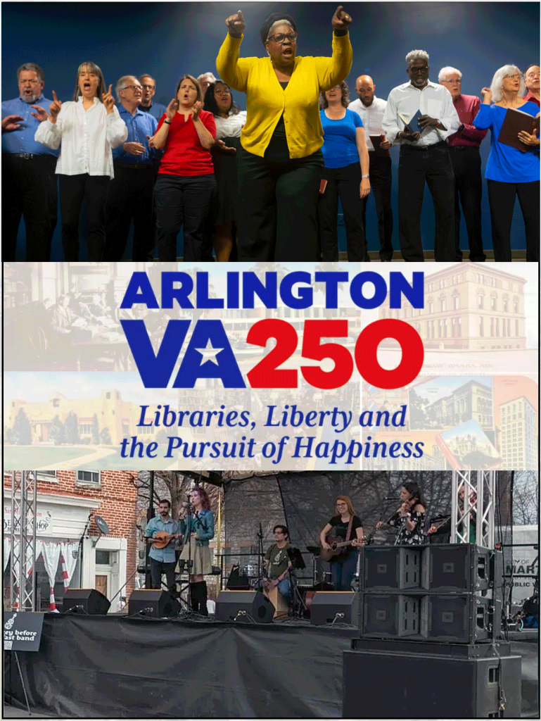 Arlington 250 logo with images of Washington Revels Heritage Voices and the Whiskey Before Breakfast Band.